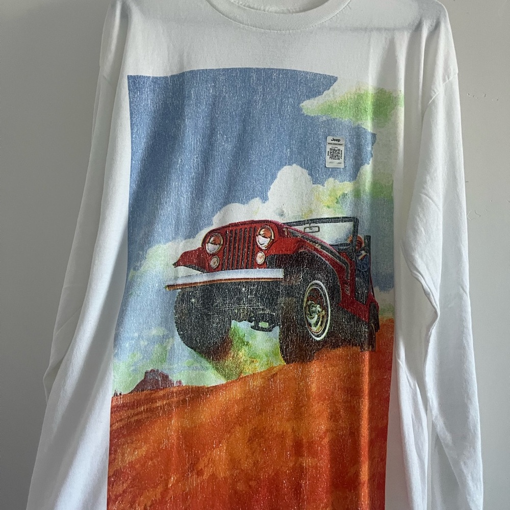 White Long Sleeve Shirt with Red Jeep Print